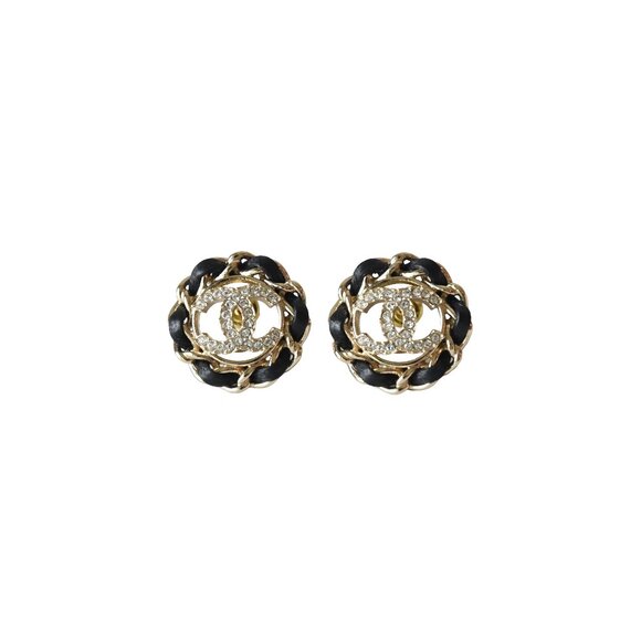 Chanel CC Crystal Strass Black Lambskin Chain Round Earrings Gold - Picture 1 of 1